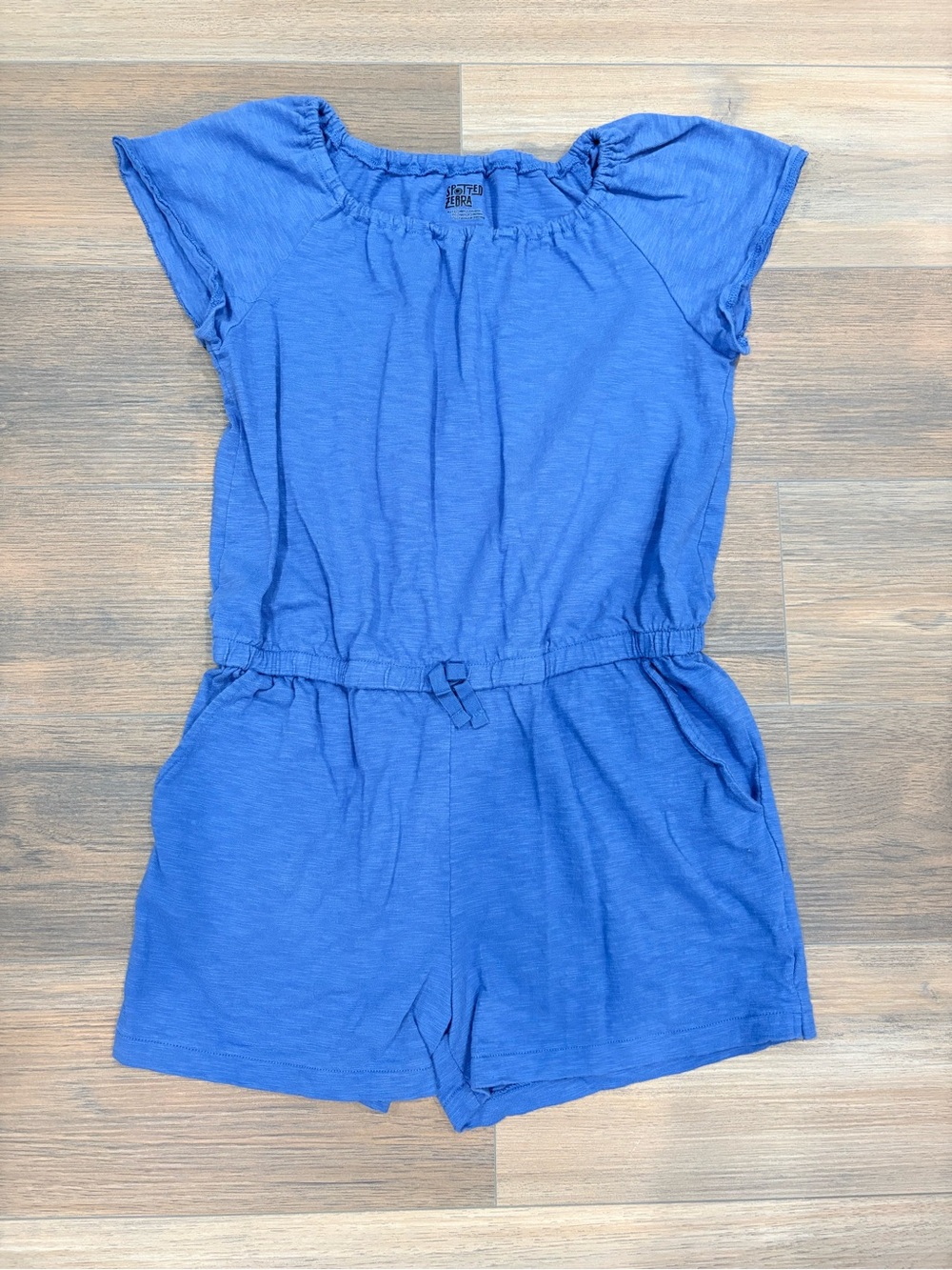Girls Blue Short Sleeve Romper with Tie Waist